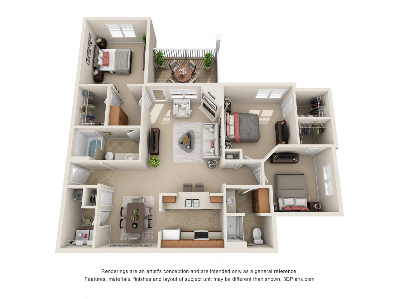 Floor plan for 3 beds, 2 baths, 1415 sqft
