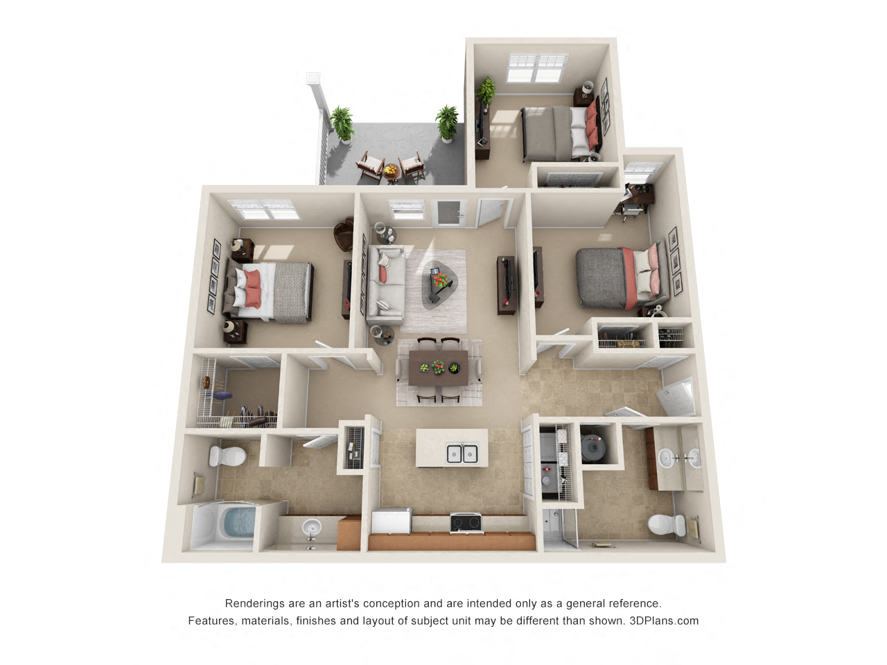 Floor plan for 3 beds, 2 baths, 1281 sqft