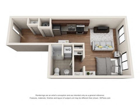 Floor plan for studio, 1 bath, 557 sqft