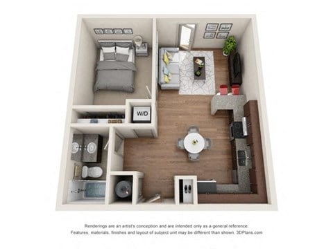 Floor plan for 1 bed, 1 bath, 689 sqft