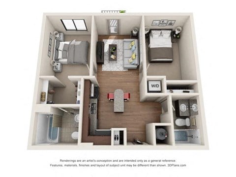 Floor plan for 2 beds, 2 baths, 837 sqft