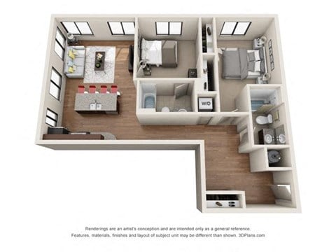 Floor plan for 2 beds, 2 baths, 941 sqft