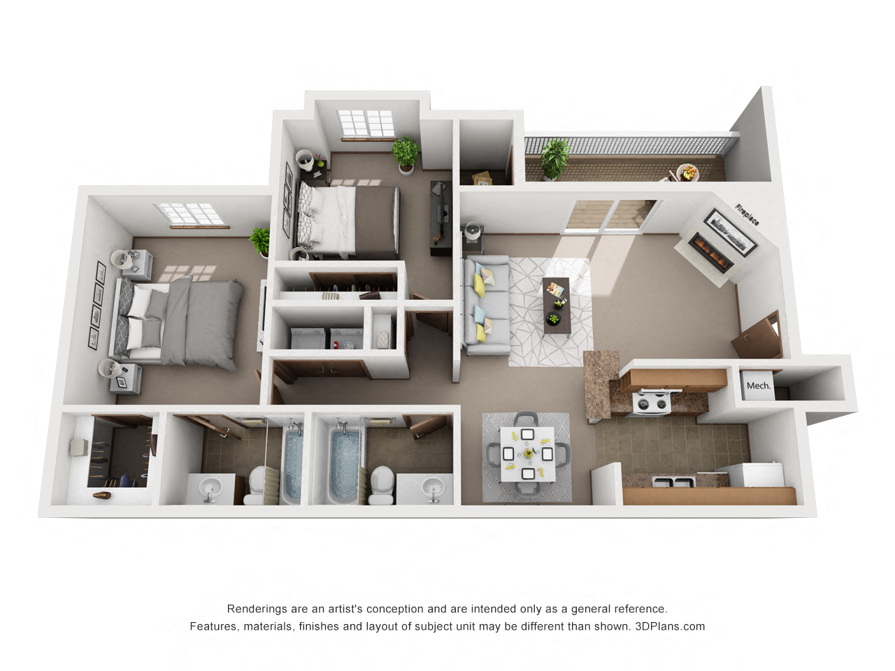 Floor plan for 2 beds, 2 baths, 1000 sqft