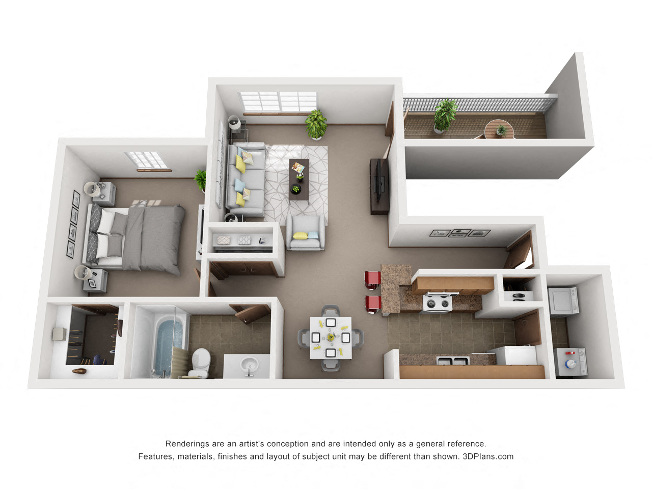 Floor plan for 1 bed, 1 bath, 864 sqft