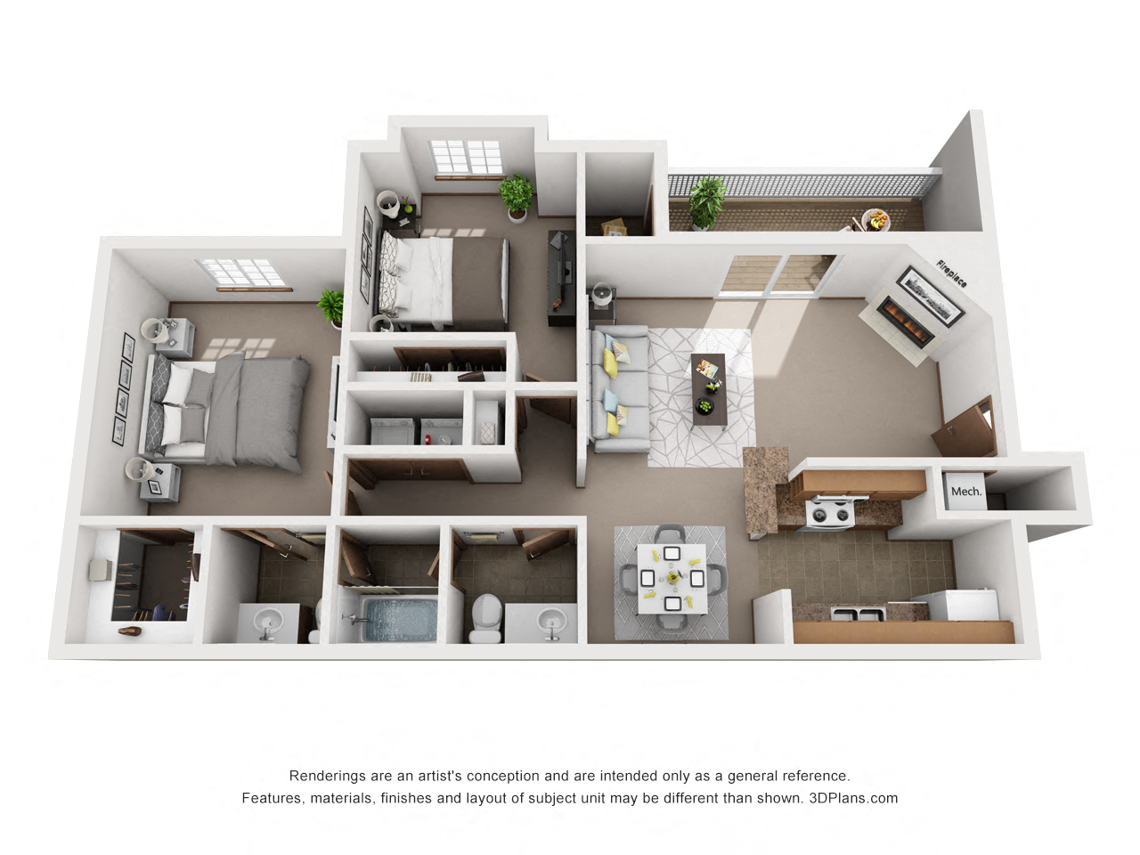Floor plan for 2 beds, 1.5 baths, 1012 sqft