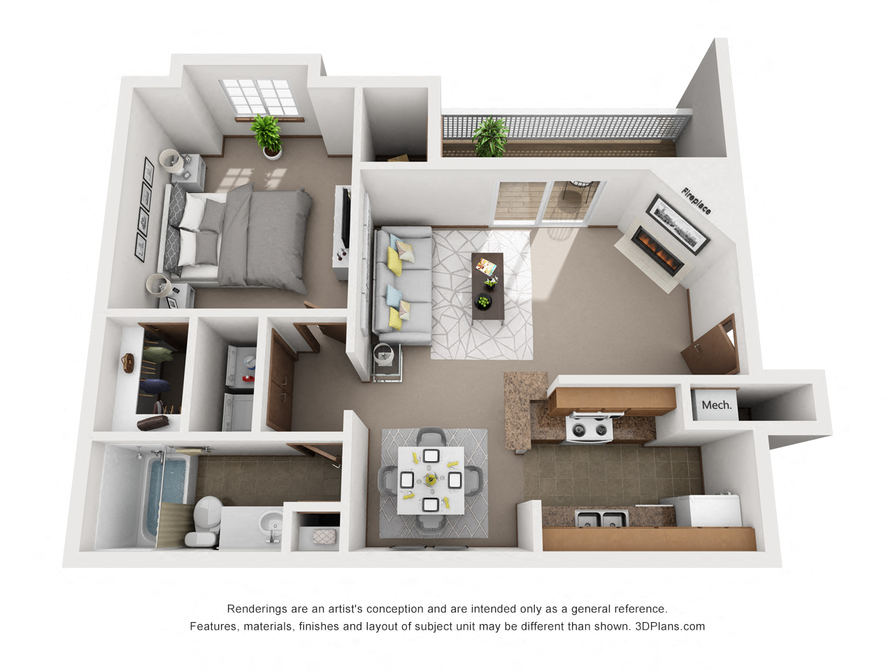 Floor plan for 1 bed, 1 bath, 781 sqft