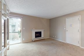 Omaha apartment for rent - a living room with a fireplace and a door to a balcony