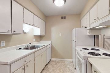 Omaha apartment for rent - a white kitchen with white appliances and white cabinets