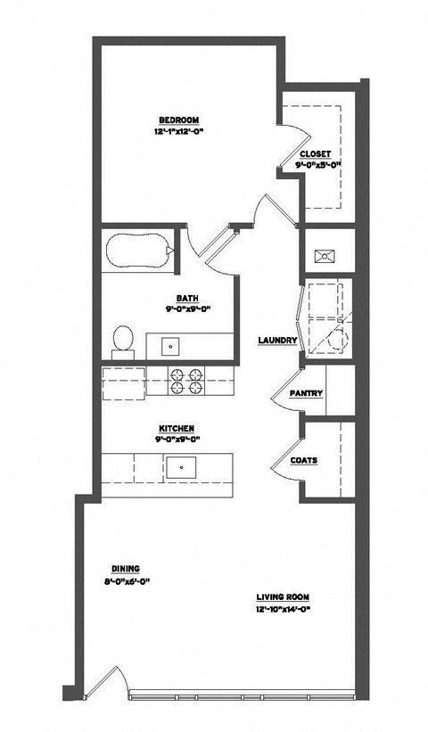 Floor plan for 1 bed, 1 bath, 772 sqft