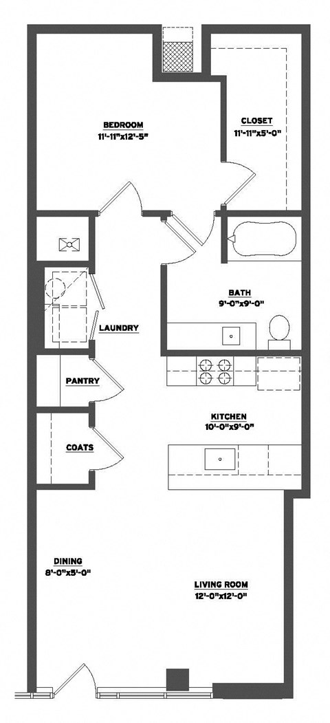 Floor plan for 1 bed, 1 bath, 764 sqft