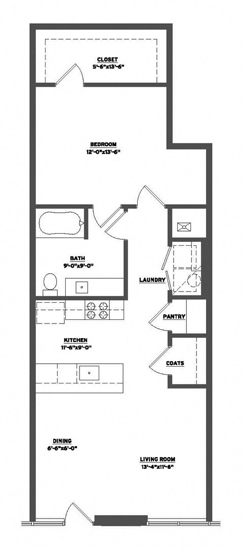 Floor plan for 1 bed, 1 bath, 833 sqft