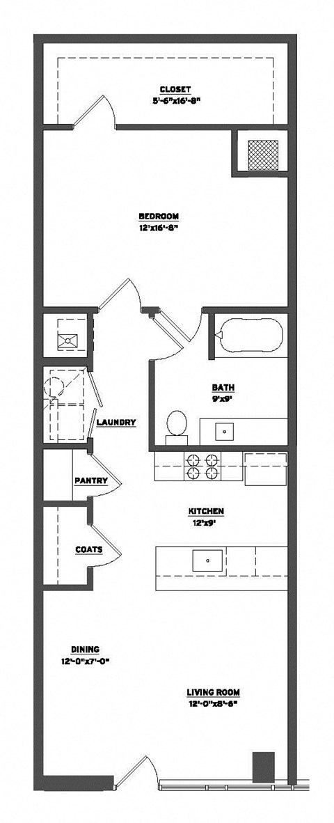 Floor plan for 1 bed, 1 bath, 841 sqft