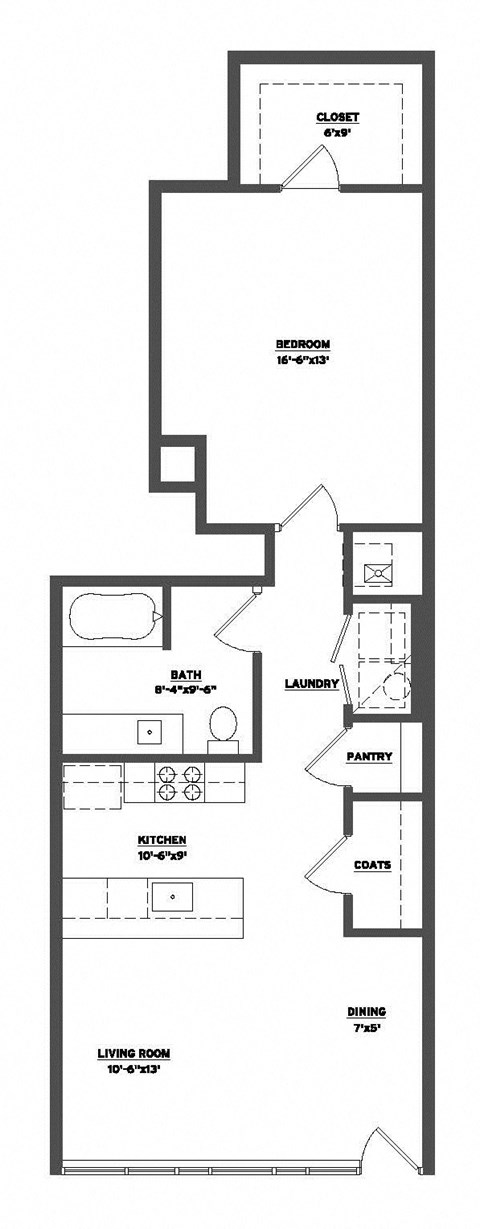 Floor plan for 1 bed, 1 bath, 803 sqft