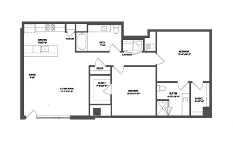 Floor plan for 2 beds, 2 baths, 1168 sqft