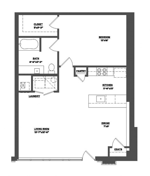 Floor plan for 1 bed, 1 bath, 879 sqft