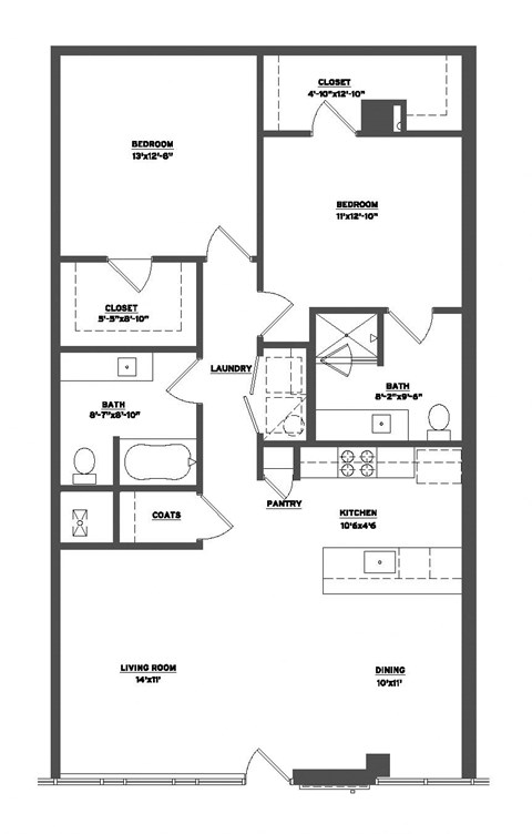 Floor plan for 2 beds, 2 baths, 1216 sqft
