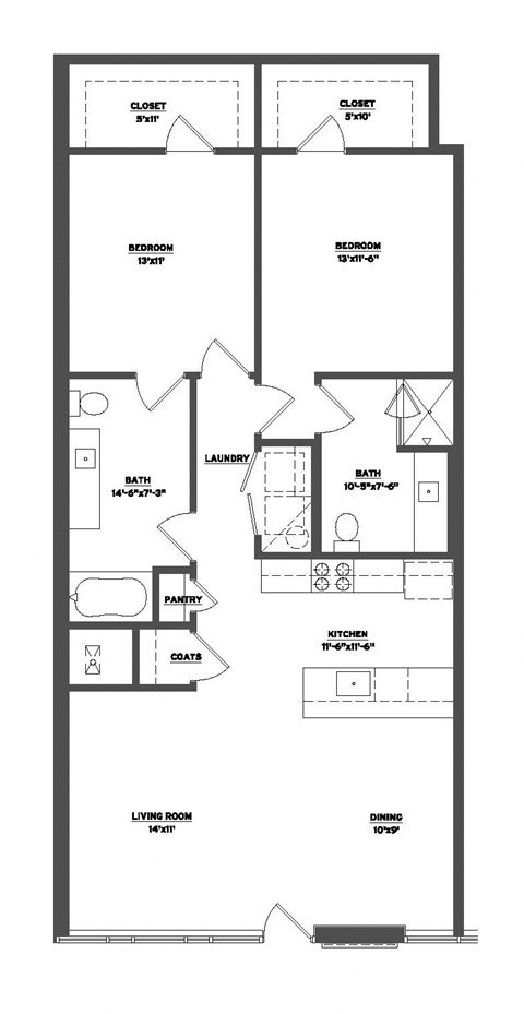 Floor plan for 2 beds, 2 baths, 1192 sqft