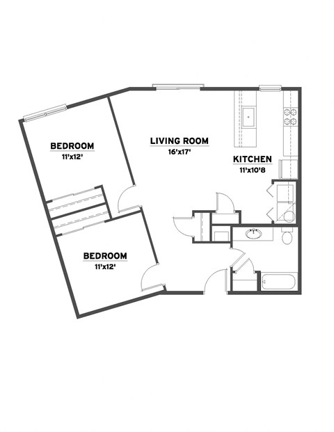 Floor plan for 2 beds, 1 bath, 929 sqft