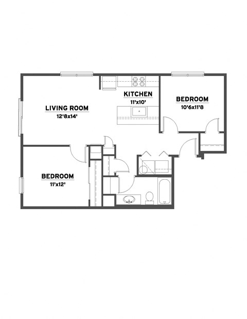 Floor plan for 2 beds, 1 bath, 794 sqft