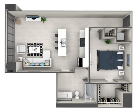 Floor plan for 1 bed, 1 bath, 679 sqft