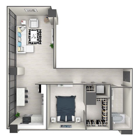 Floor plan for 1 bed, 1 bath, 703 sqft