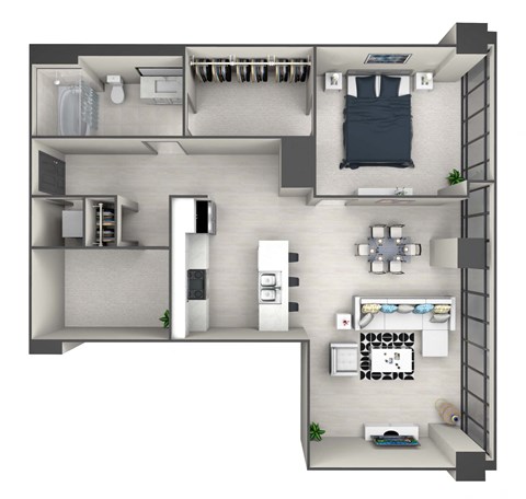 Floor plan for 1 bed, 1 bath, 799 sqft