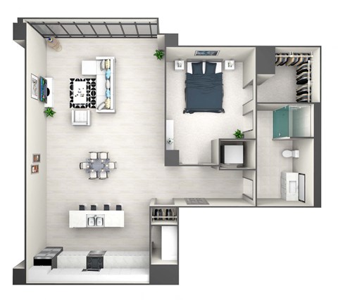 Floor plan for 1 bed, 1 bath, 984 sqft