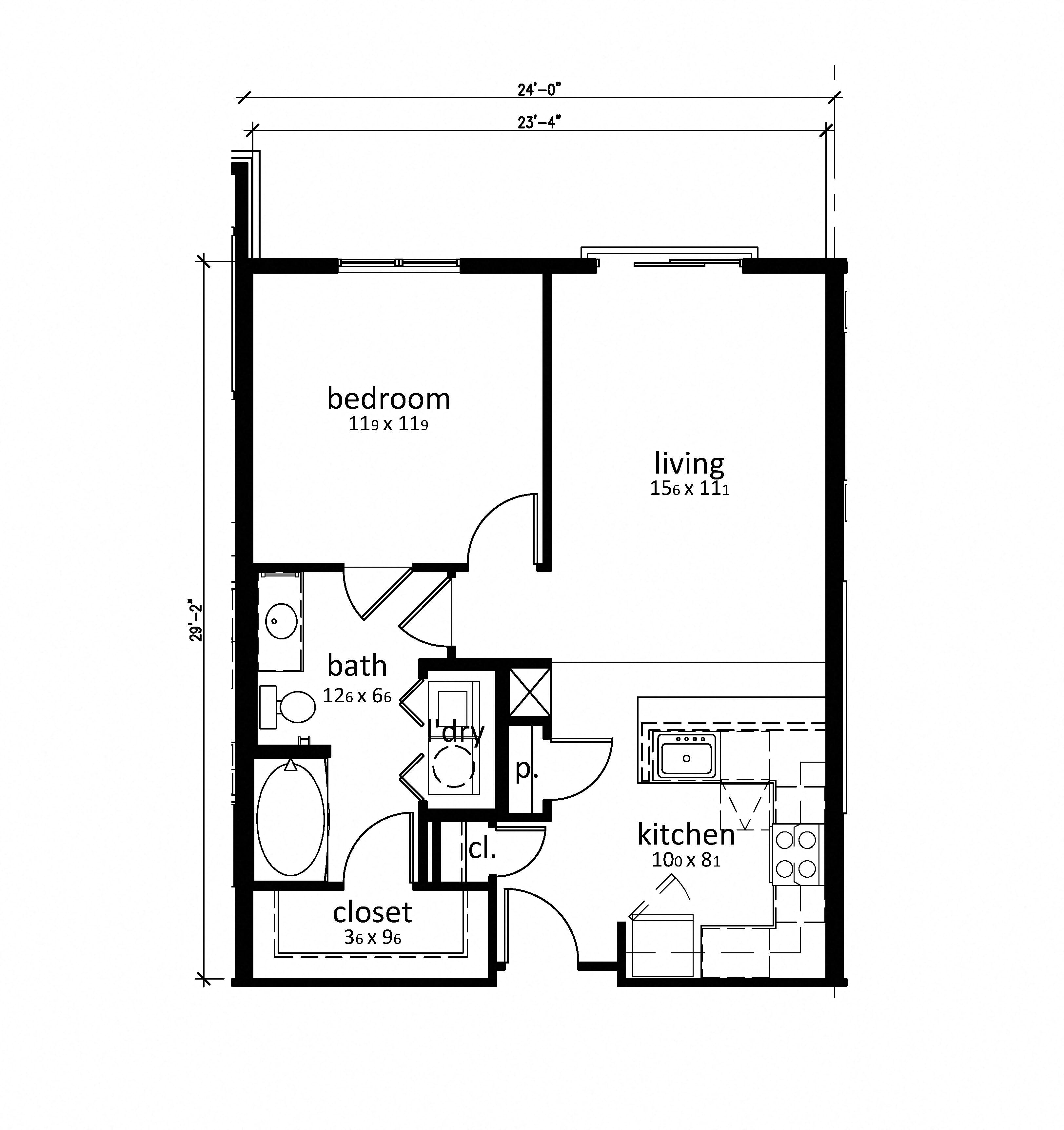 Floor plan for 1 bed, 1 bath, 752 sqft