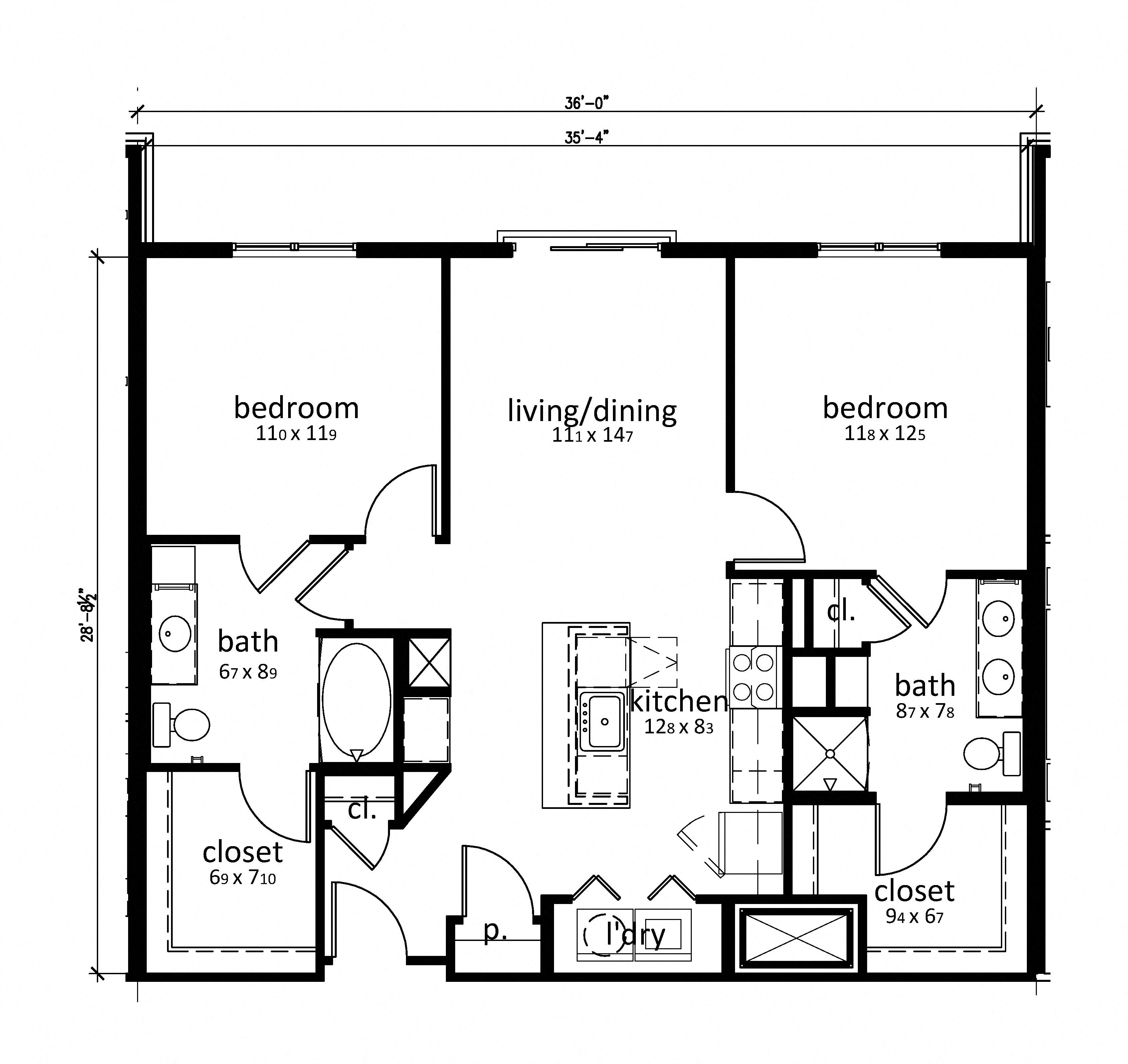 Floor plan for 2 beds, 2 baths, 1042 sqft