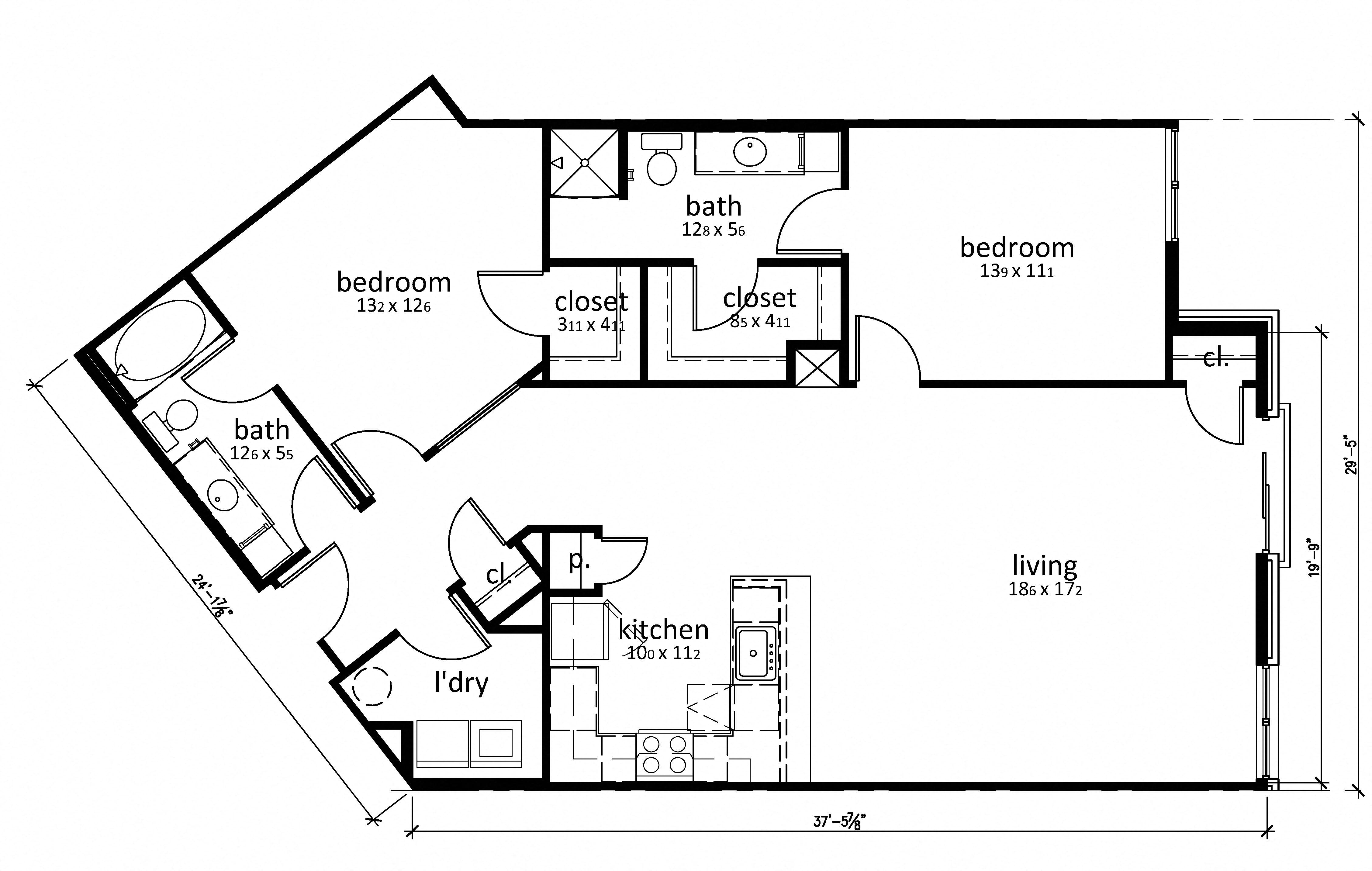 Floor plan for 2 beds, 2 baths, 1295 sqft