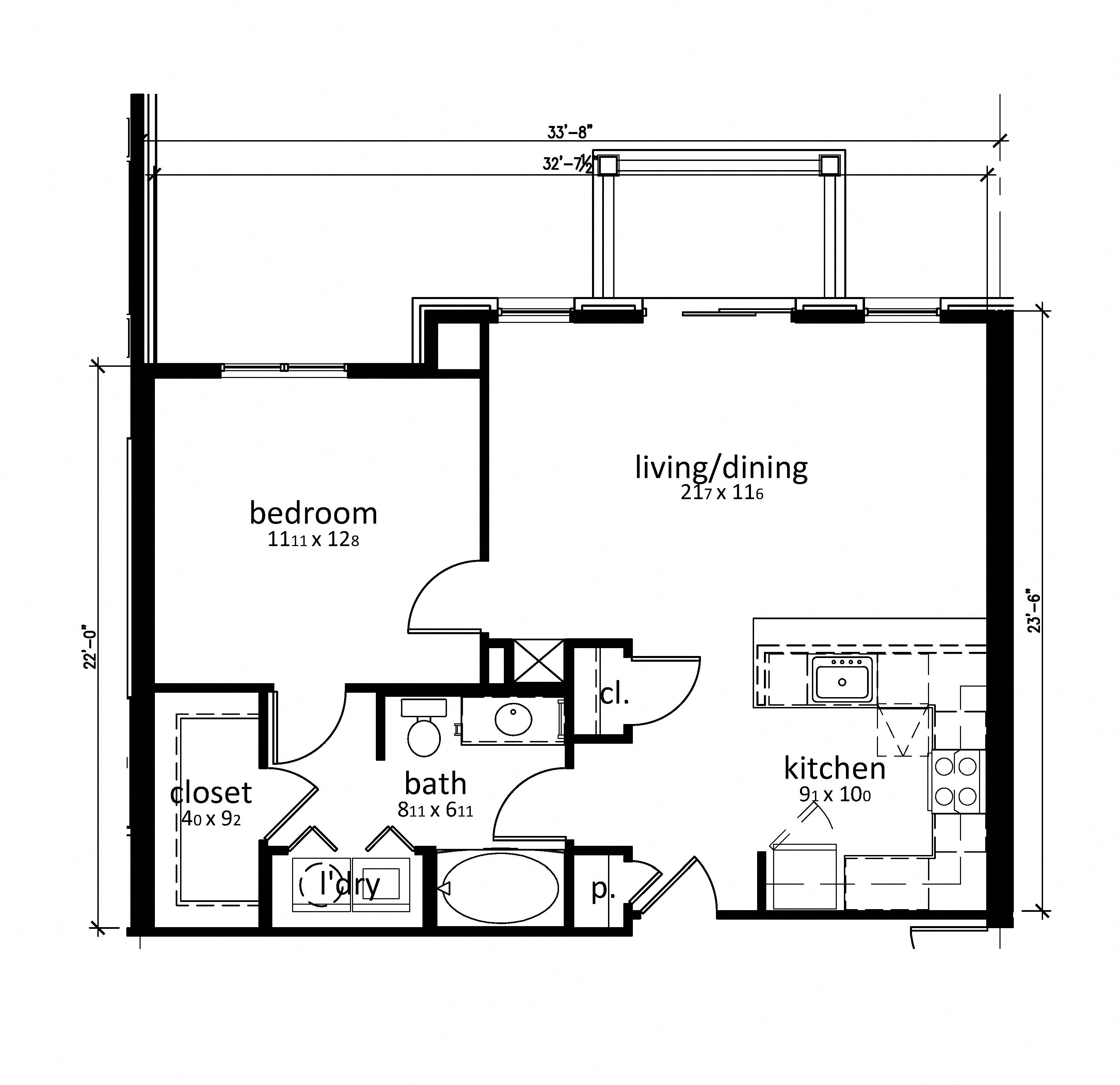 Floor plan for 1 bed, 1 bath, 789 sqft