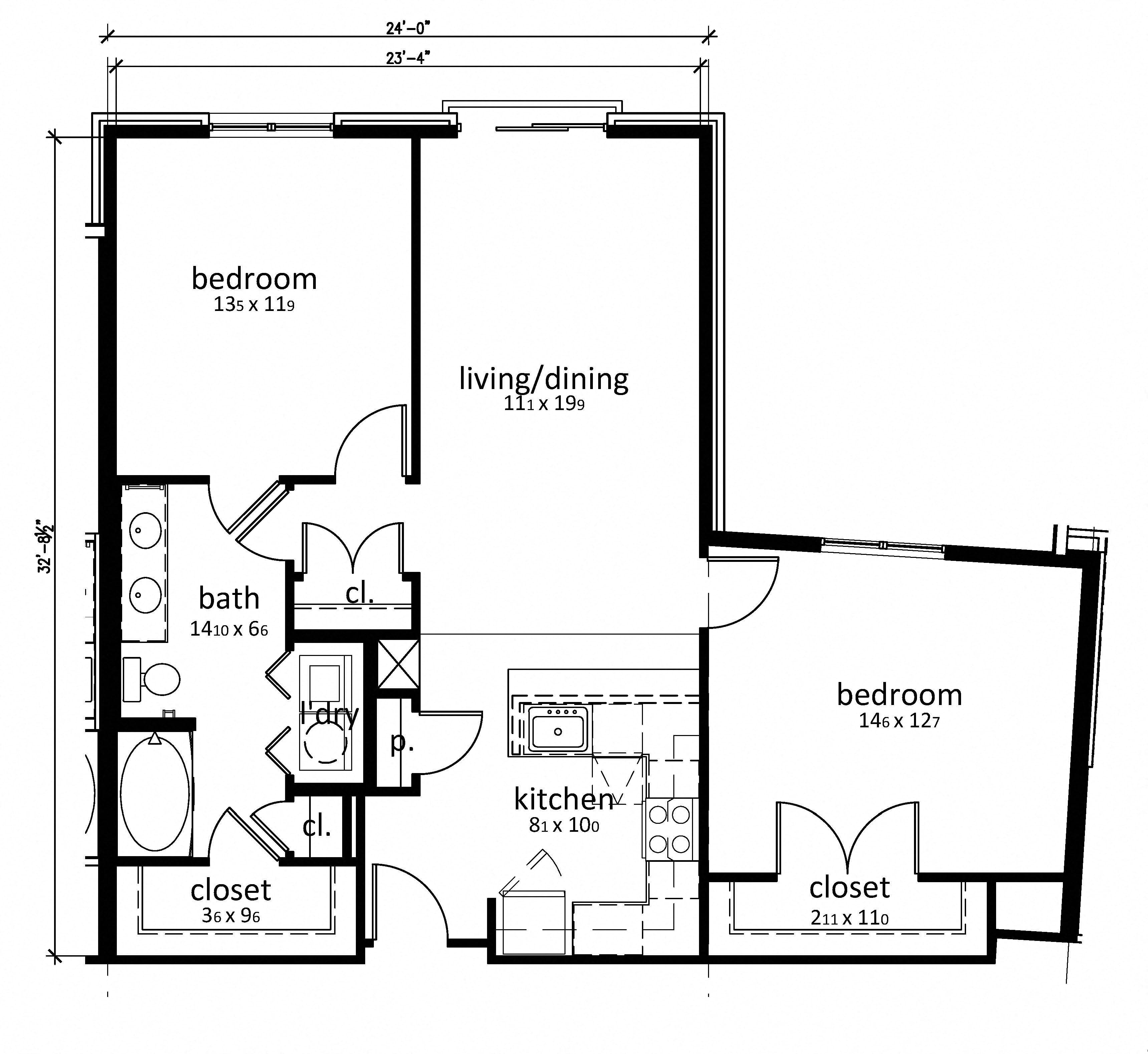 Floor plan for 2 beds, 1 bath, 1047 sqft