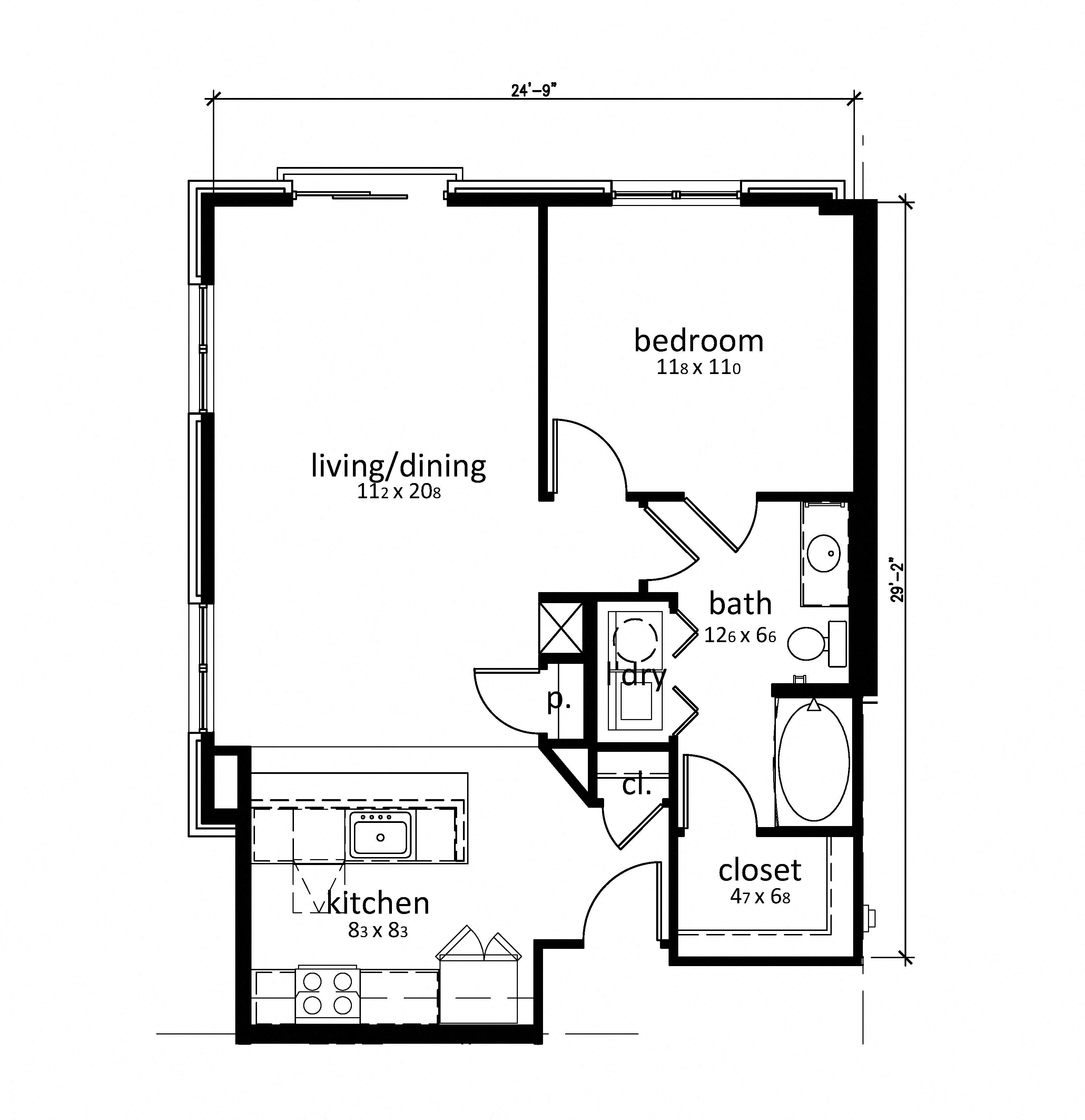Floor plan for 1 bed, 1 bath, 781 sqft