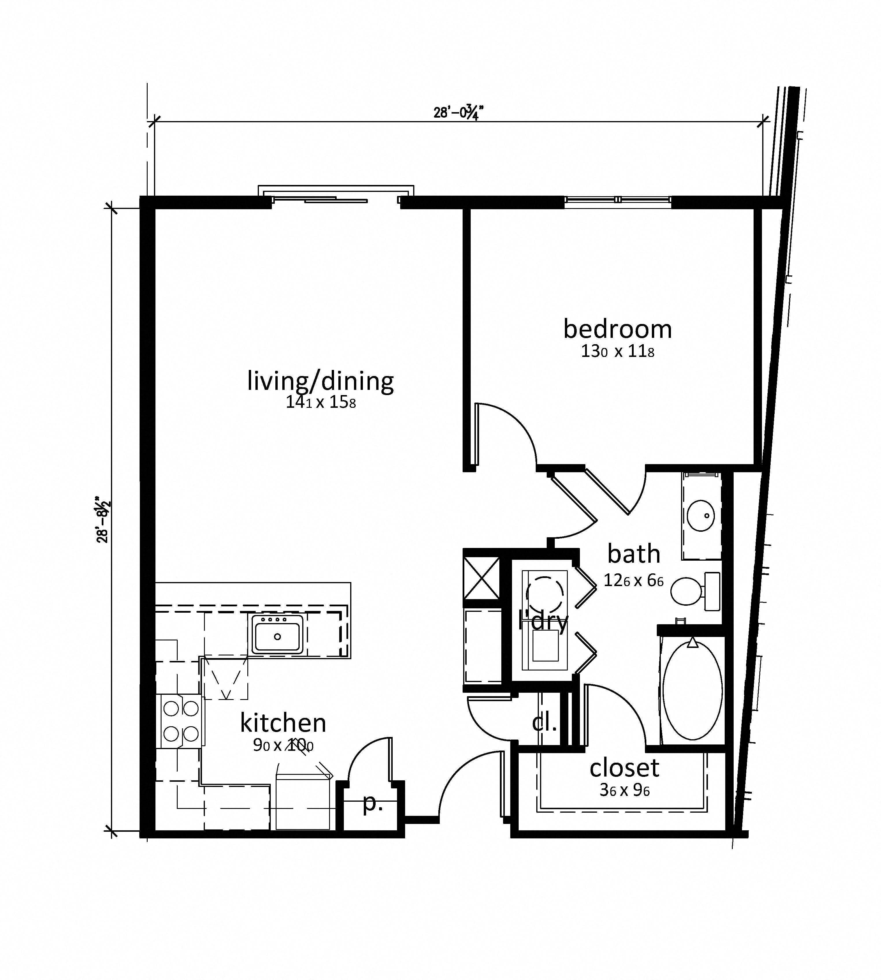 Floor plan for 1 bed, 1 bath, 809 sqft