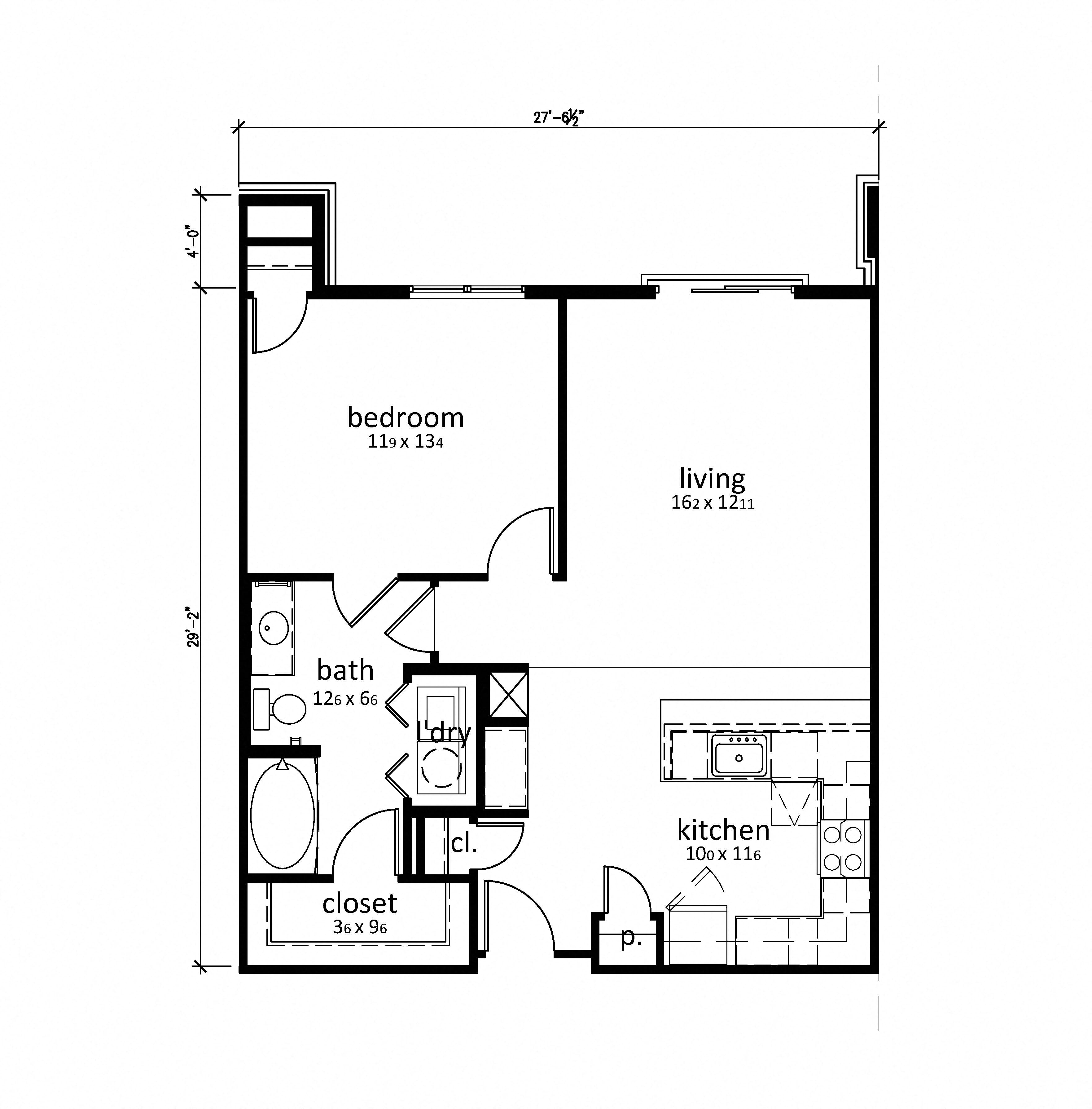 Floor plan for 1 bed, 1 bath, 823 sqft