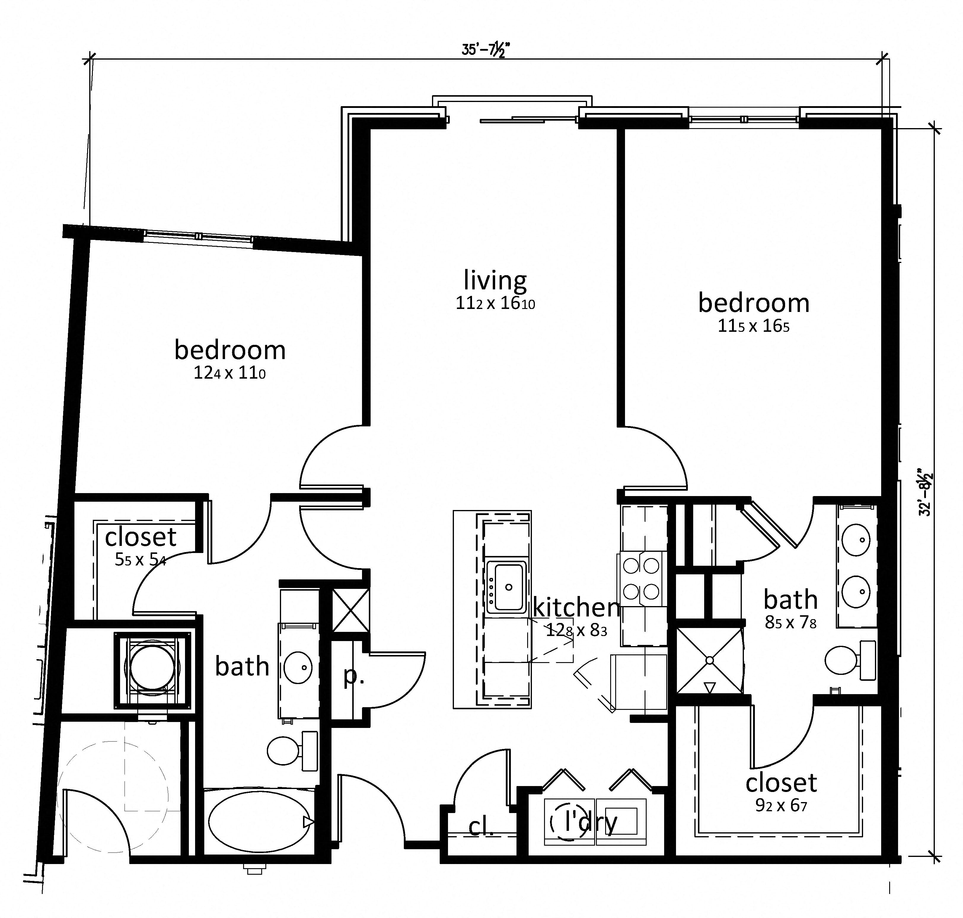 Floor plan for 2 beds, 2 baths, 1105 sqft