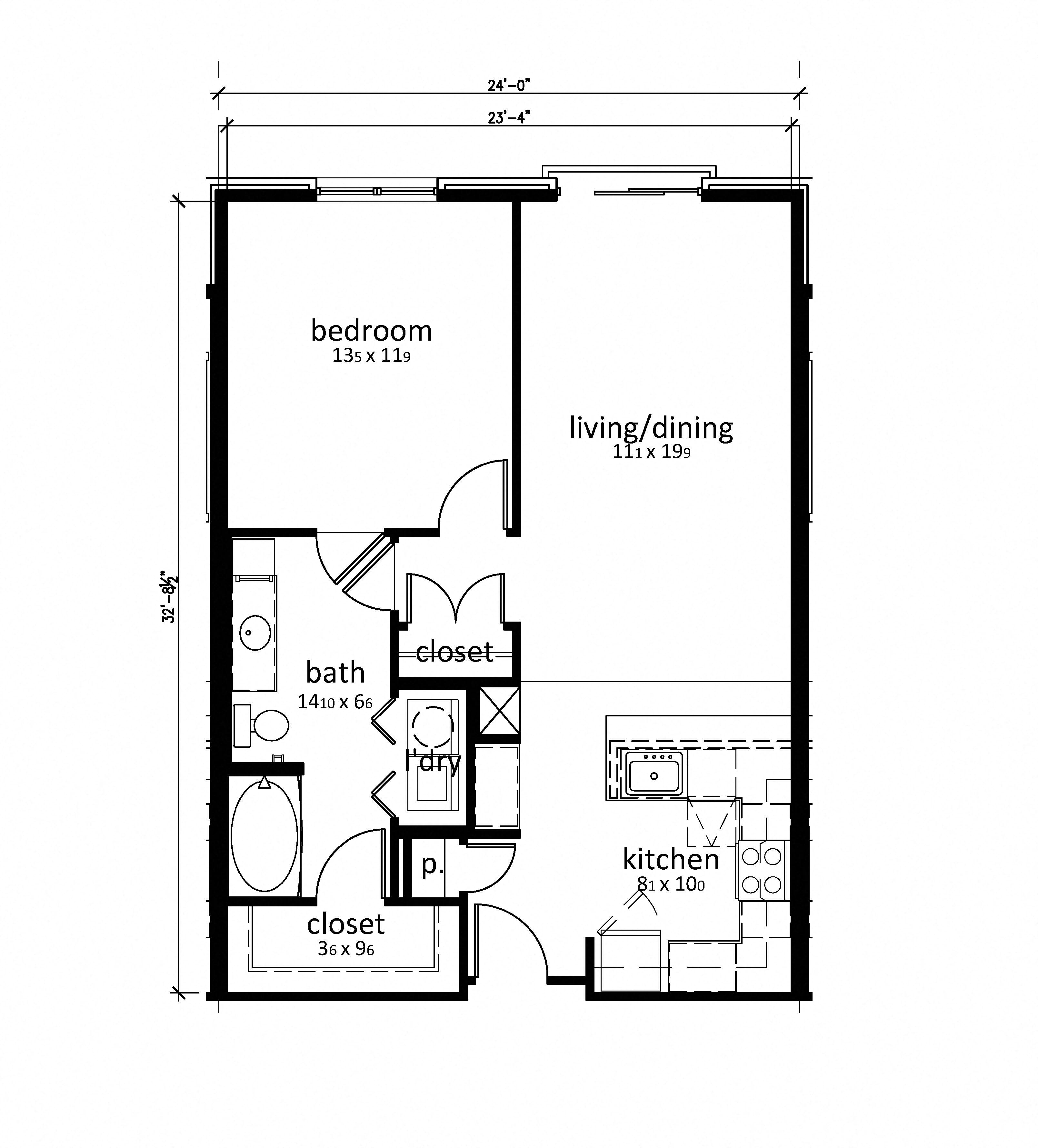 Floor plan for 1 bed, 1 bath, 801 sqft