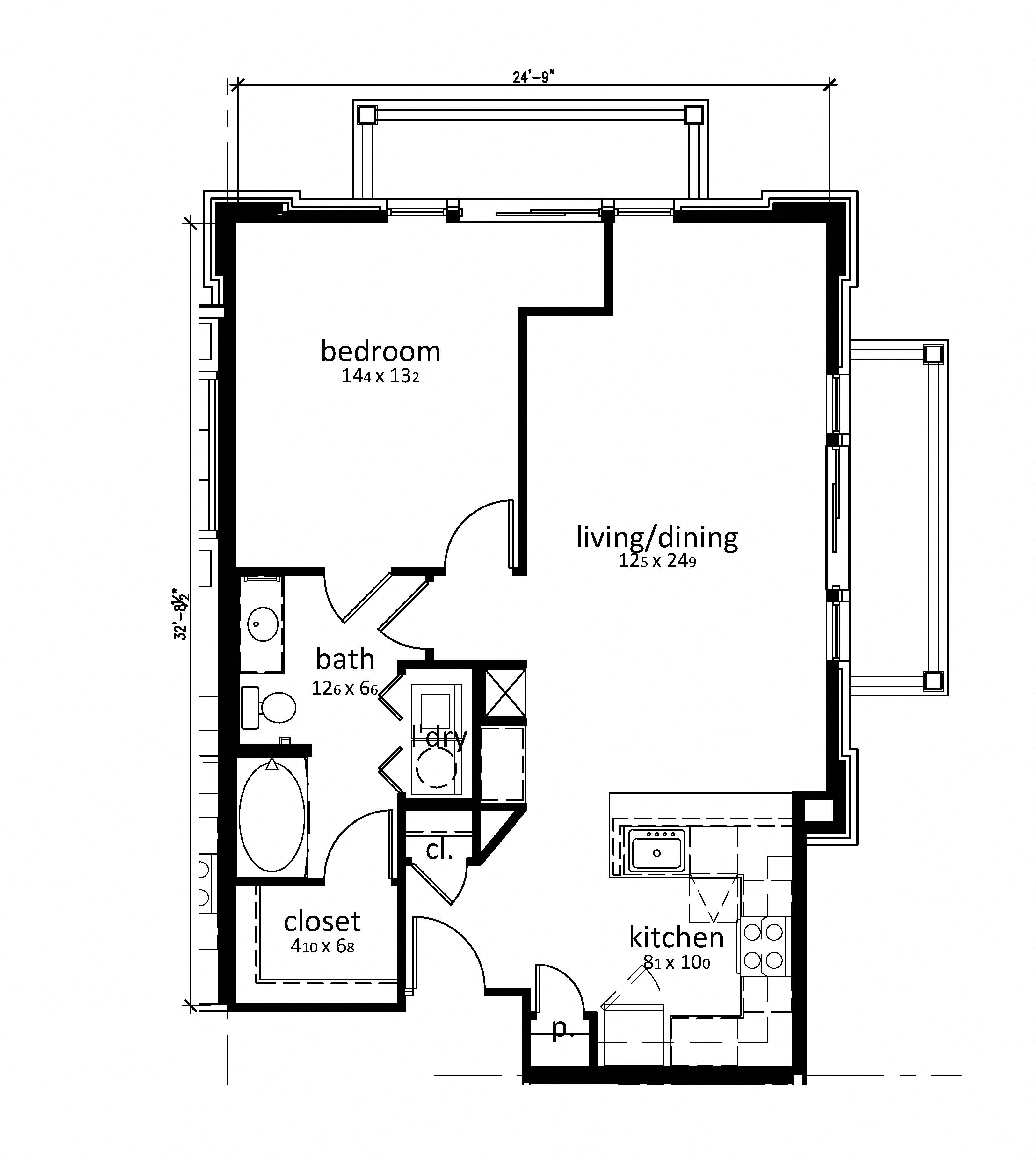 Floor plan for 1 bed, 1 bath, 877 sqft