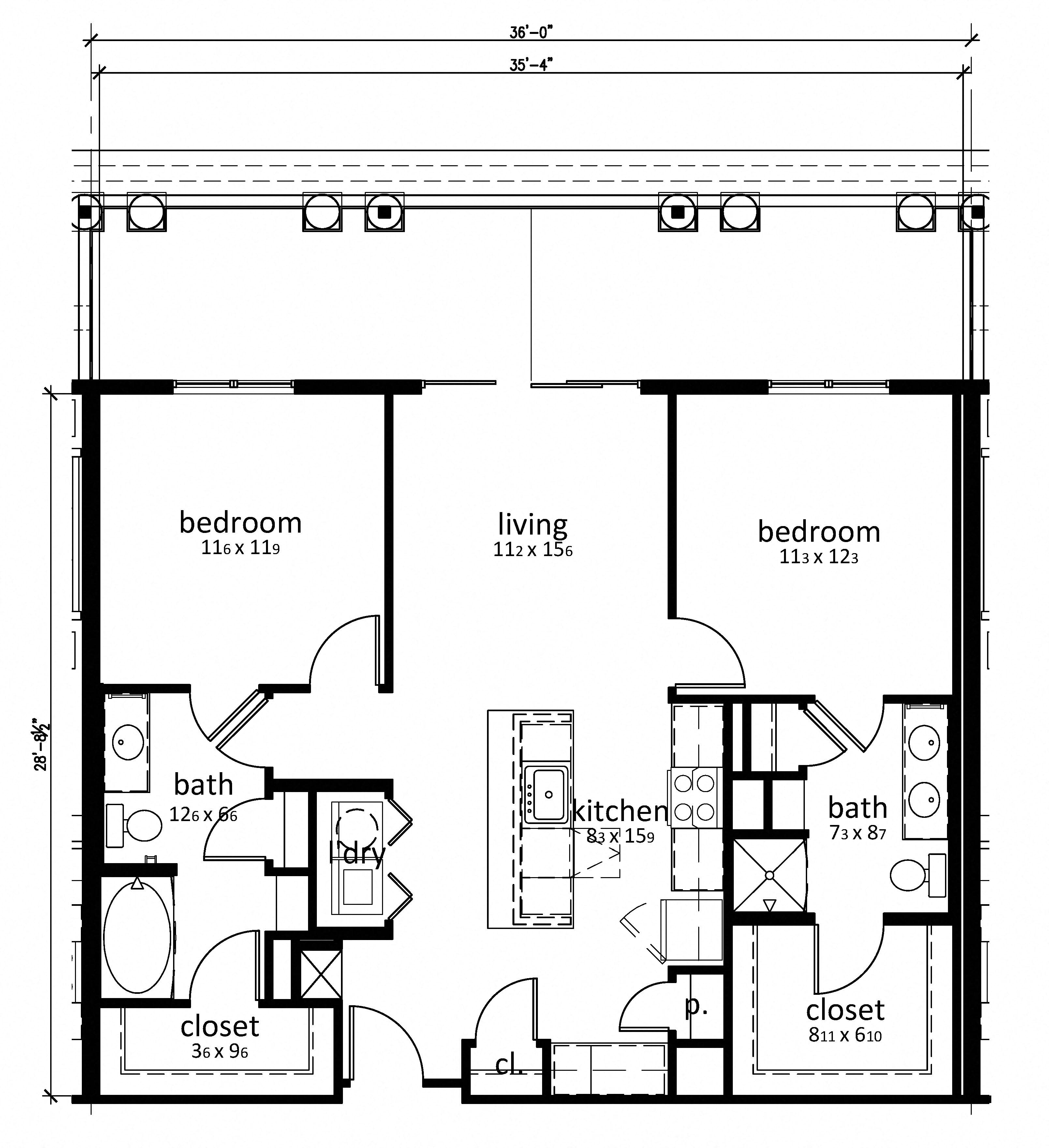 Floor plan for 2 beds, 2 baths, 1057 sqft