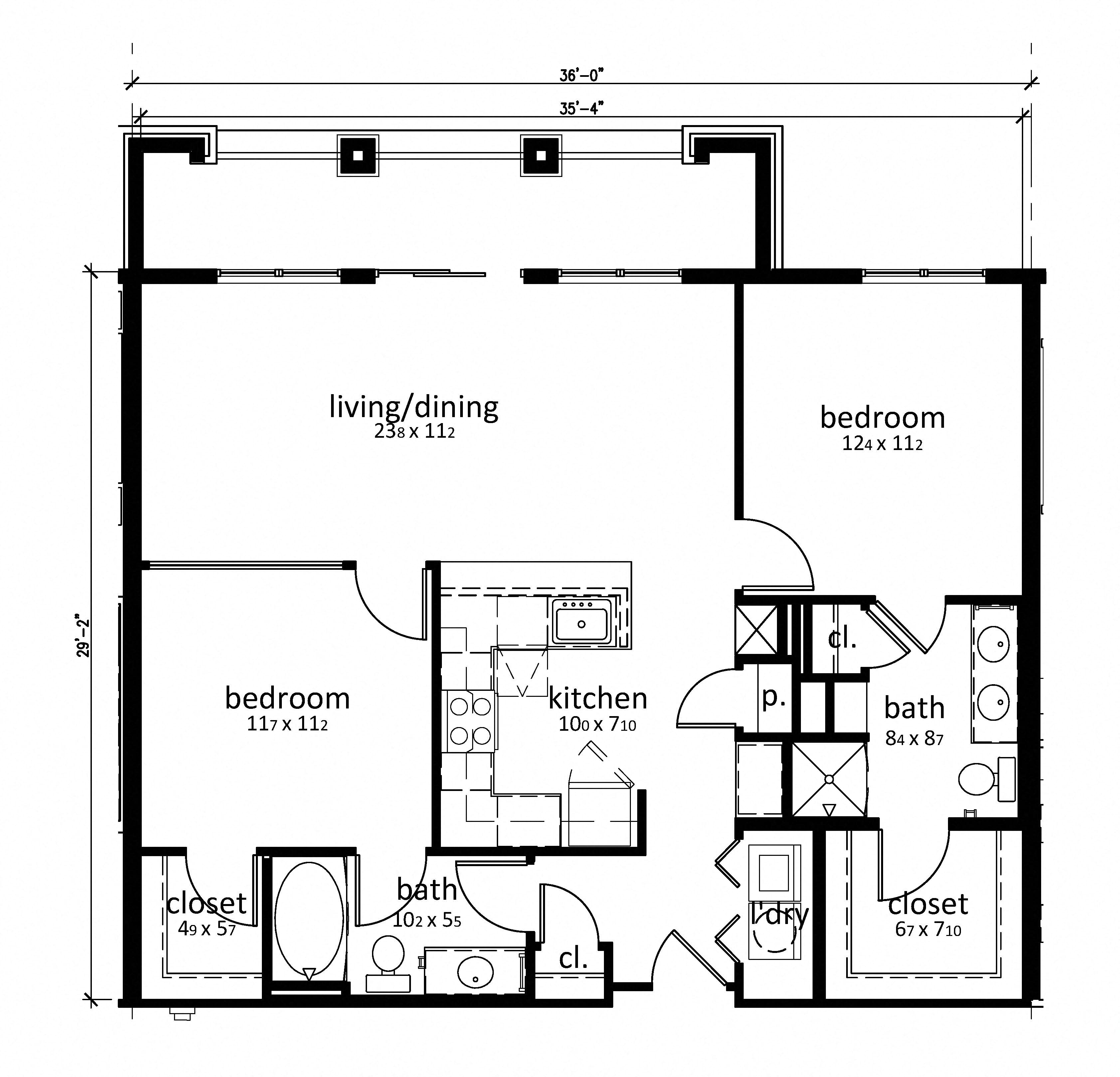 Floor plan for 2 beds, 2 baths, 1057 sqft