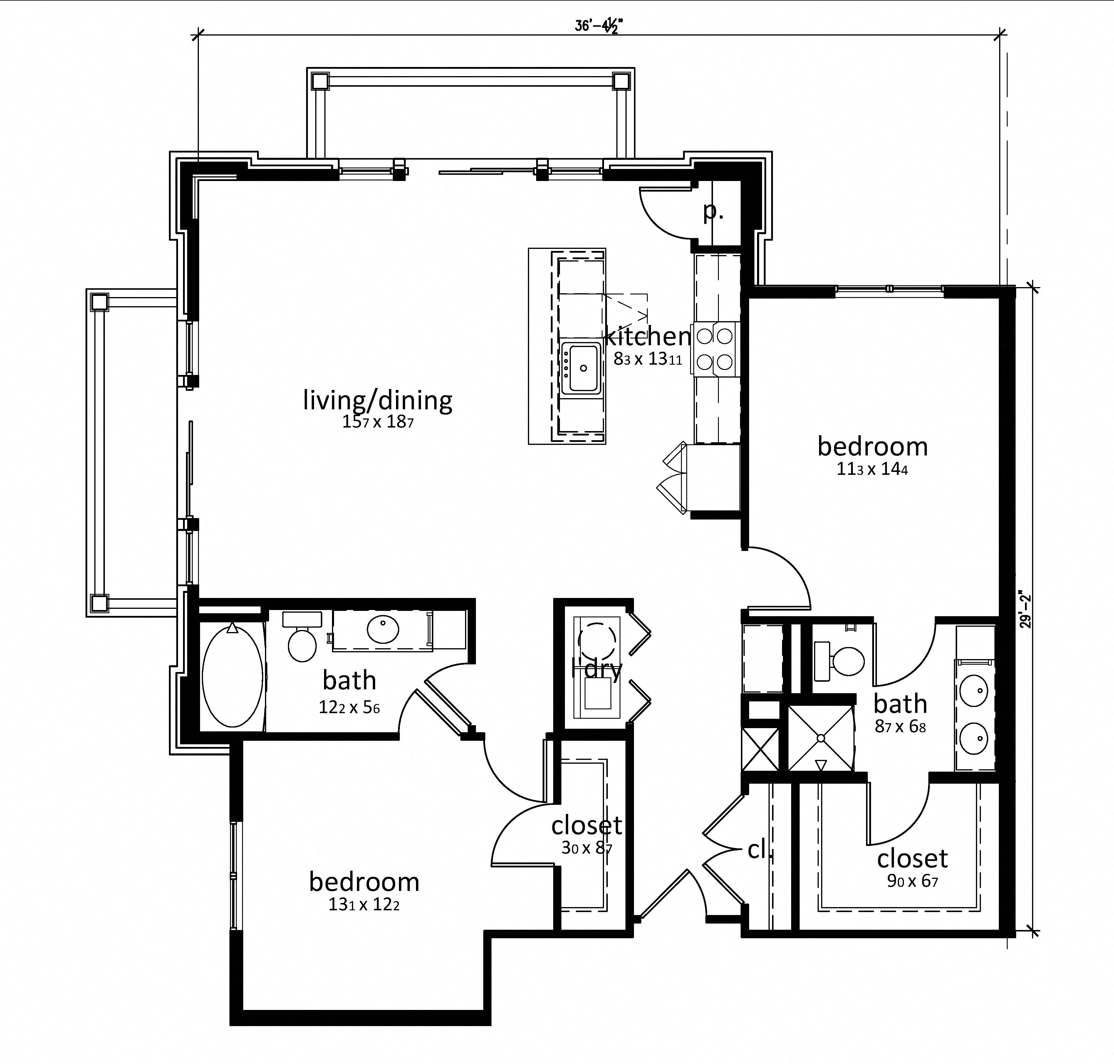 Floor plan for 2 beds, 2 baths, 1259 sqft