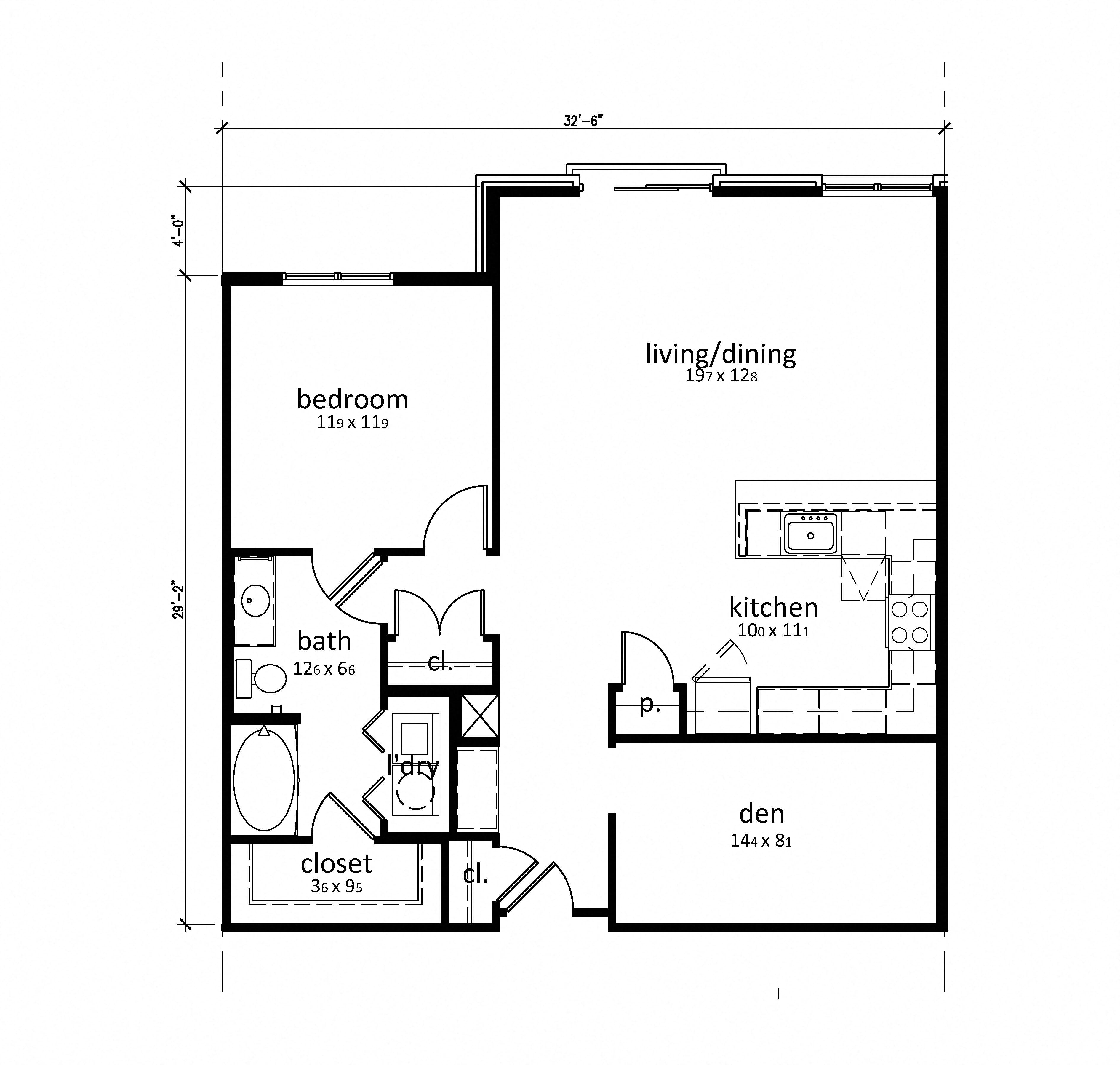 Floor plan for 1 bed, 1 bath, 1036 sqft