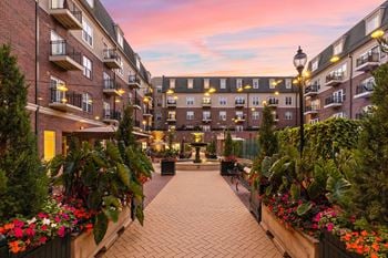 A courtyard with a brick walkway and flower boxes on the buildings.