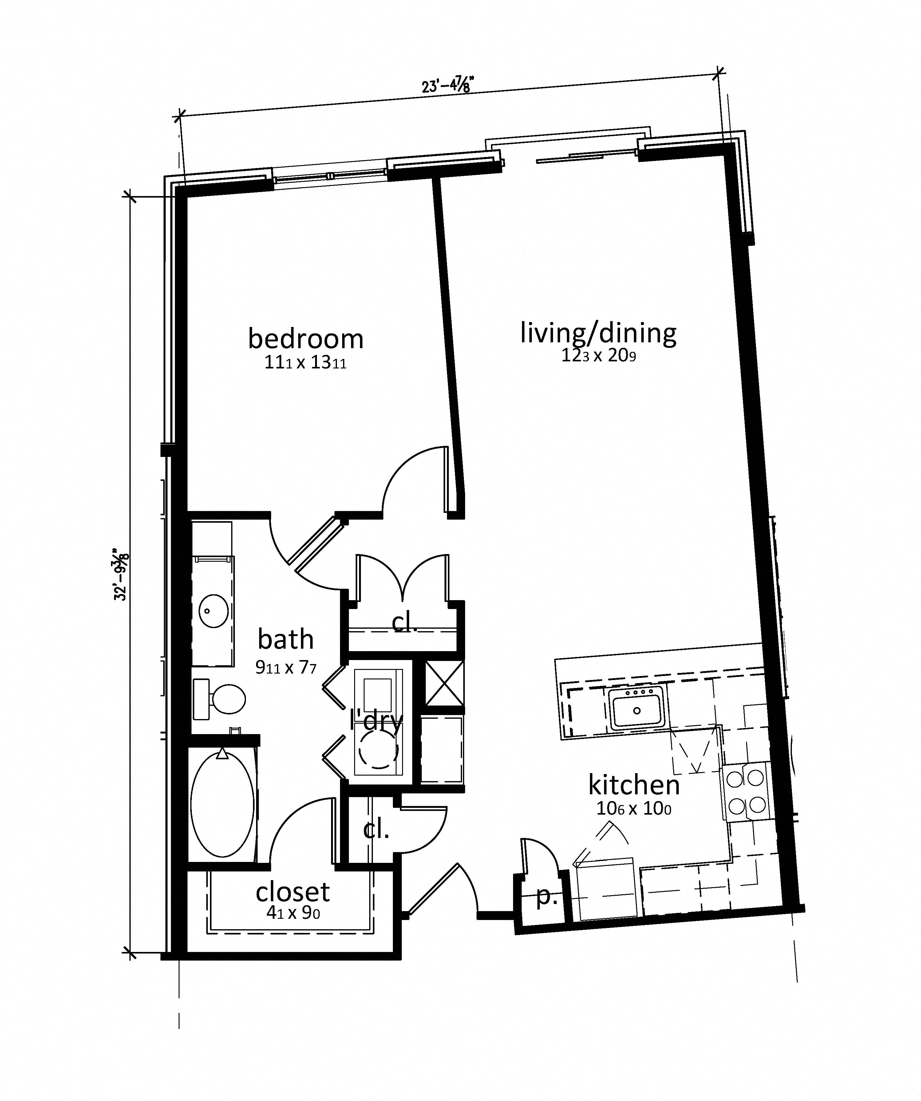Floor plan for 1 bed, 1 bath, 849 sqft