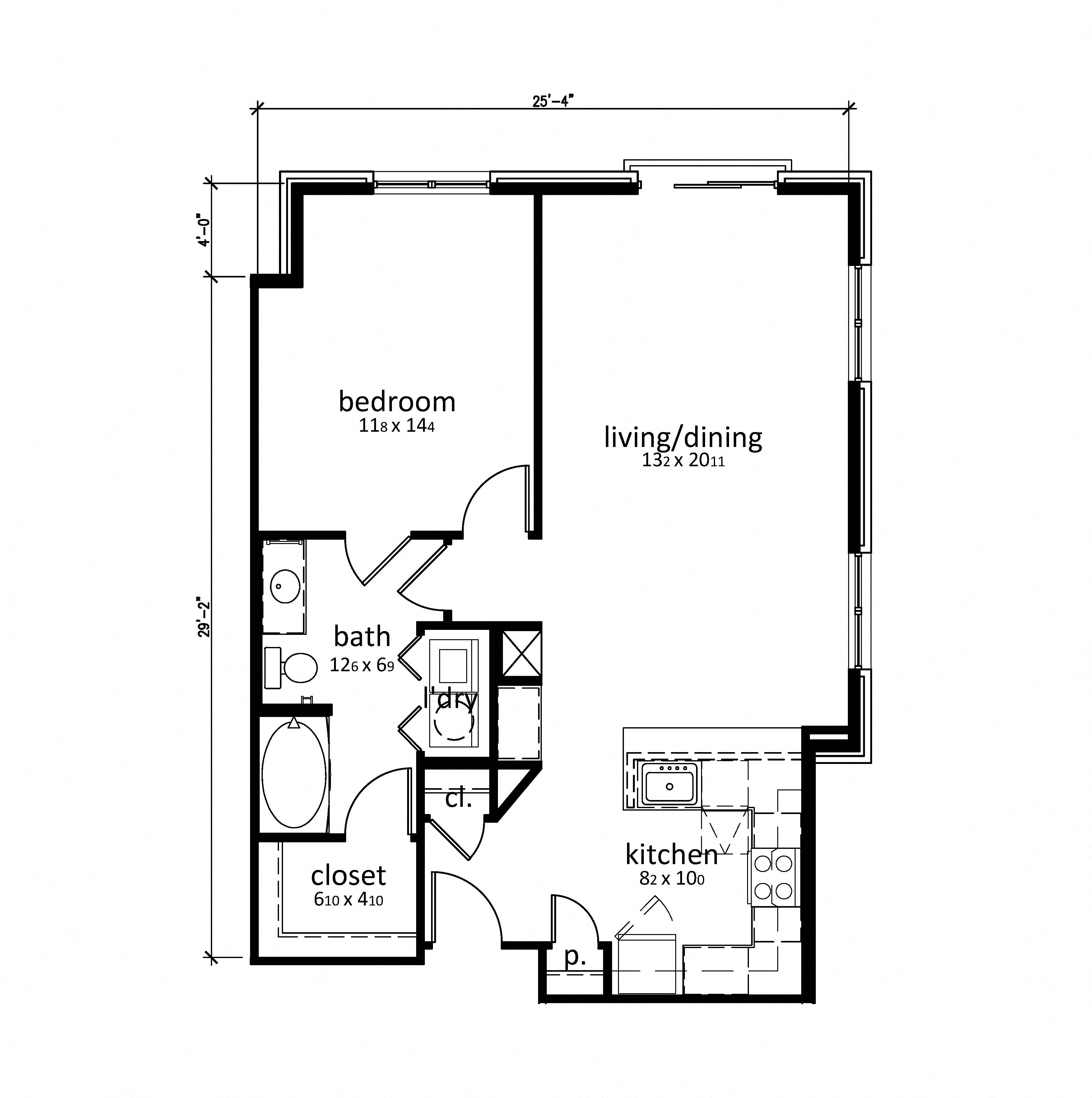 Floor plan for 1 bed, 1 bath, 865 sqft