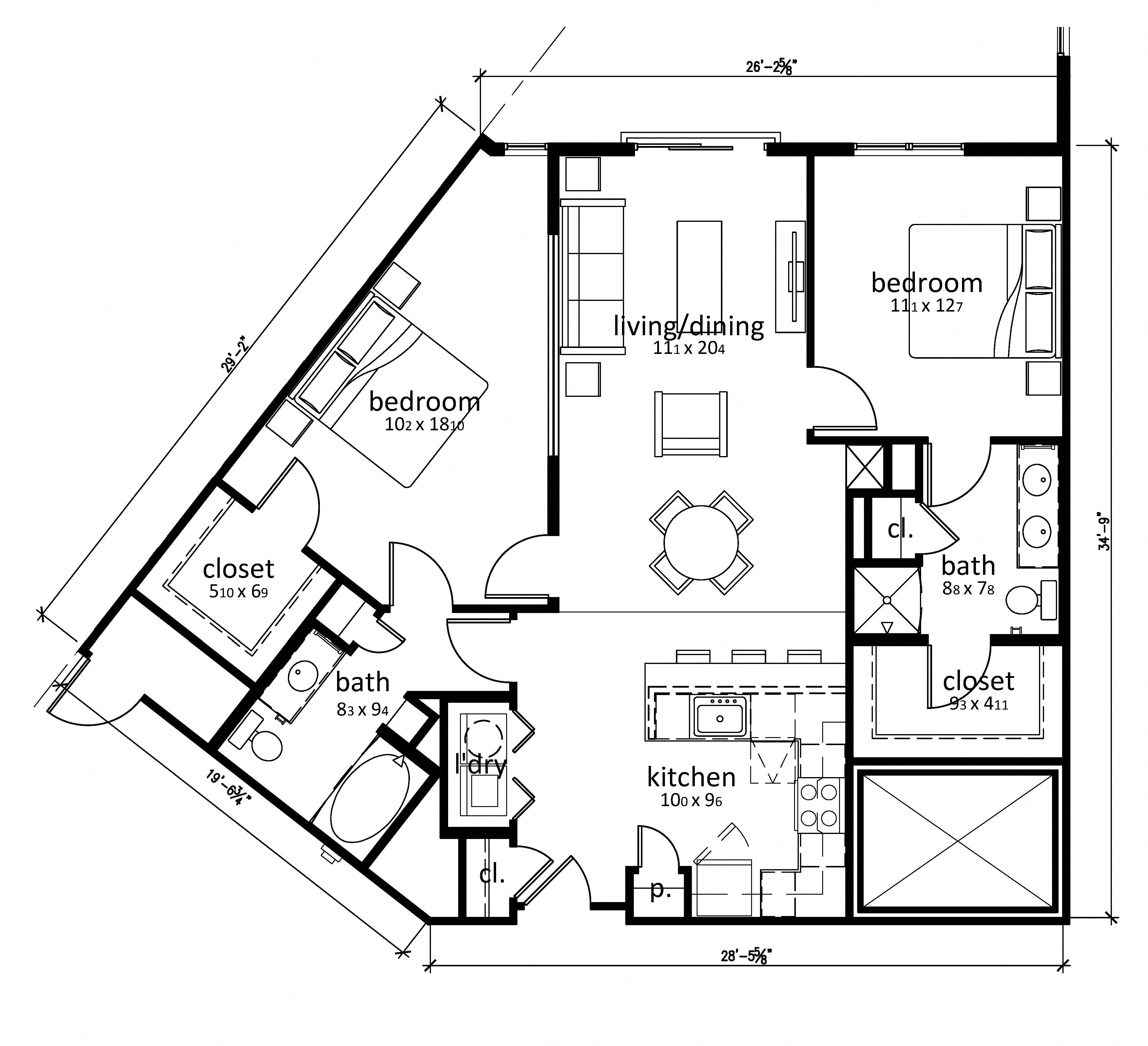 Floor plan for 2 beds, 2 baths, 1167 sqft