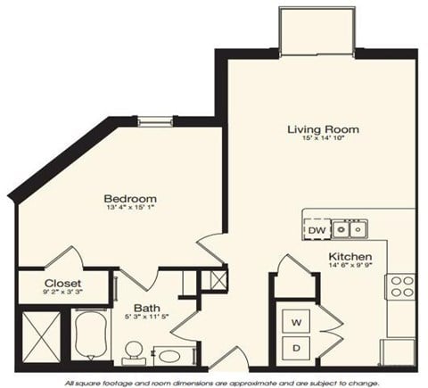 Floor plan for 1 bed, 1 bath, 772 sqft