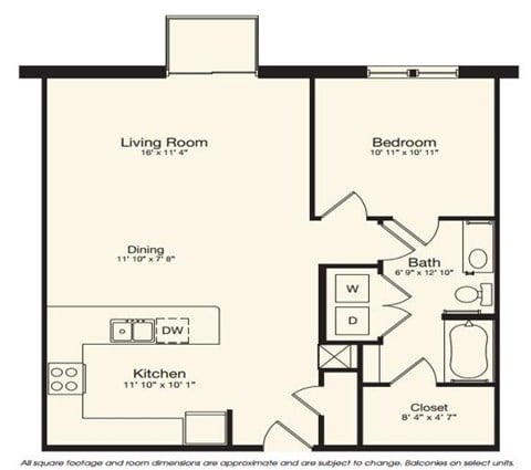 Floor plan for 1 bed, 1 bath, 865 sqft
