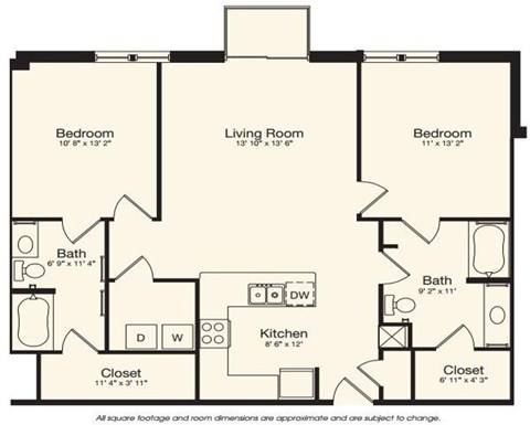 Floor plan for 2 beds, 2 baths, 1137 sqft