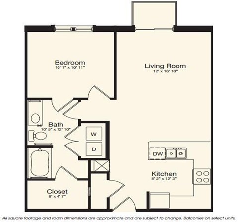 Floor plan for 1 bed, 1 bath, 741 sqft